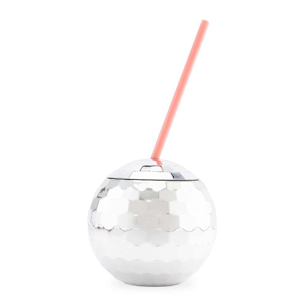 Silver Disco Ball Plastic Drink Cup with Lid & Reusable Straw - 16 oz